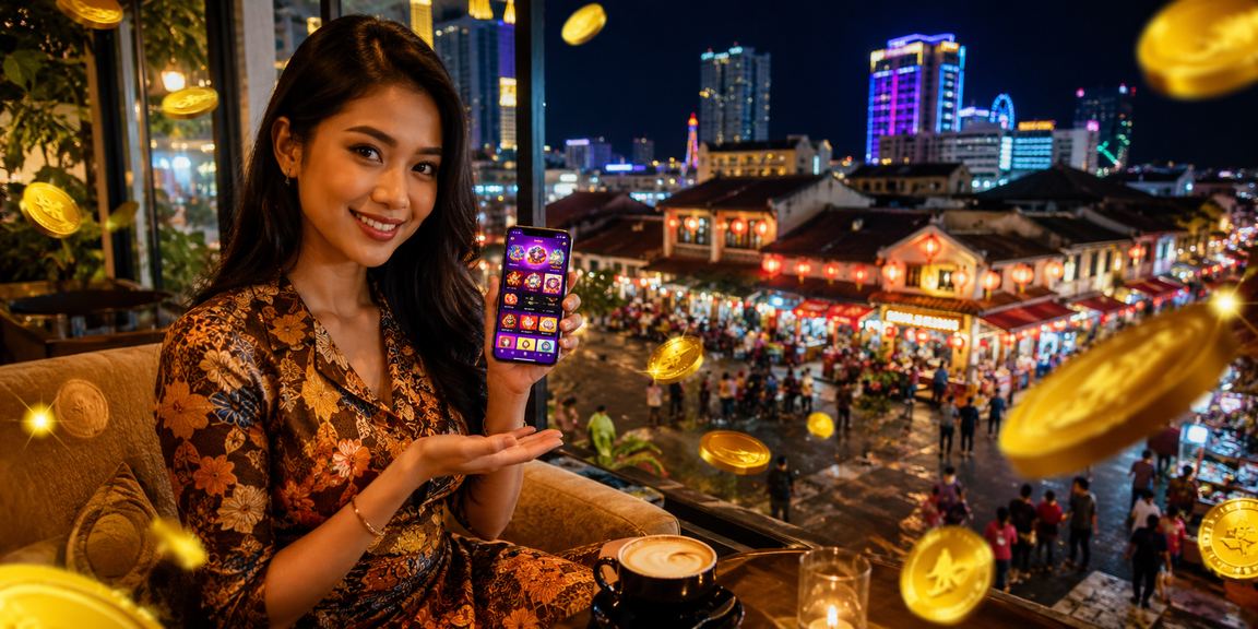 A Melaka player in batik attire playing mobile table casino games at 70mai